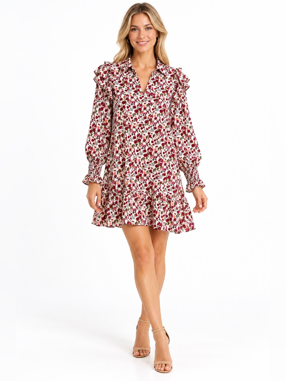 Umgee NWT Size Large Floral Ruffle Long-Sleeve Mini Floral Dress - Pink Multi